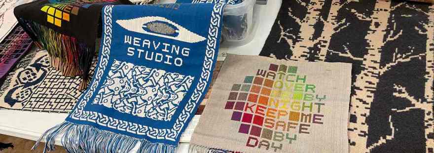 Table with handwoven objects on it