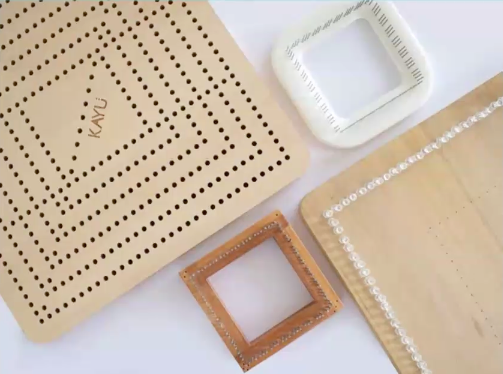 Picture showing, clockwise from left, Ulluna's Kayu Loom, the Zoom Loom, an homemade loom made with a board and pushpins, and a homemade loom made with wood and nails