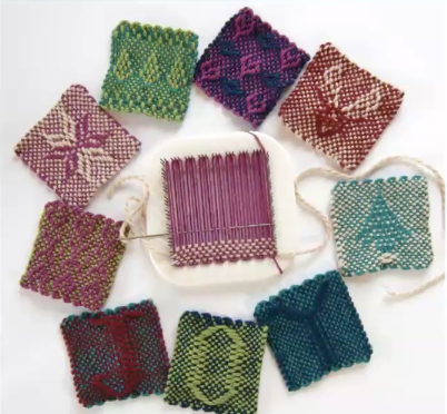 Nine patterned woven four-inch squares in various colors, arranged in a circle around a pin loom that has a weaving started on it