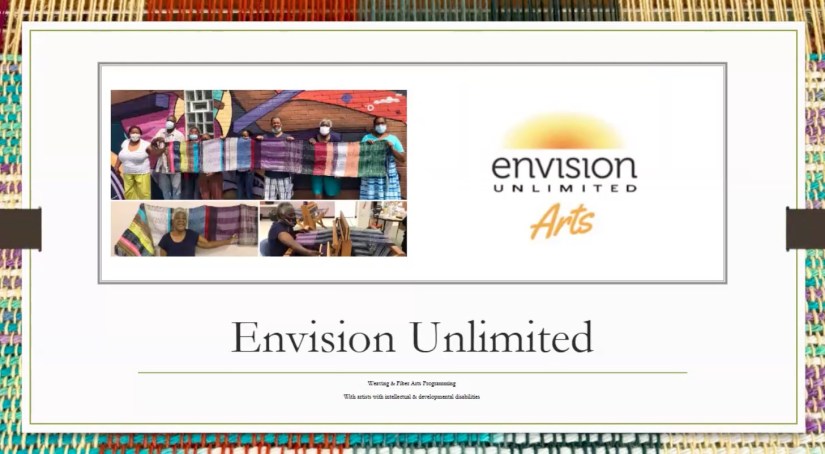 PowerPoint slide showing a photo montage of people displaying woven items and weaving at a loom