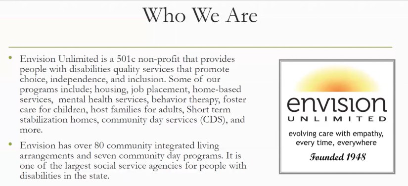Slide with heading "Who We Are," text describing the organization, and Envision Unlimited logo