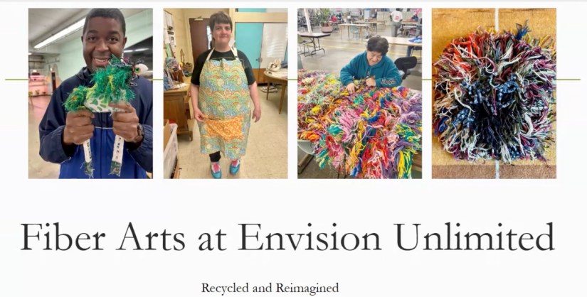 Slide with photos of fiber artists and fiber art