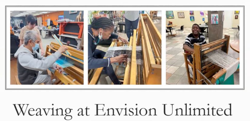 Slide with three photos of Envision Unlimited artists working at floor looms