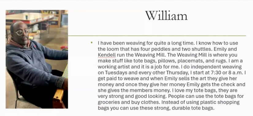 Slide with a photo of a middle-aged man sitting at a floor loom and text describing his weaving work