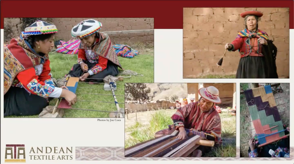 Multiple photos of women wearing traditional Peruvian dress demonstrating traditional Peruvian weaving and spinning techniques.
