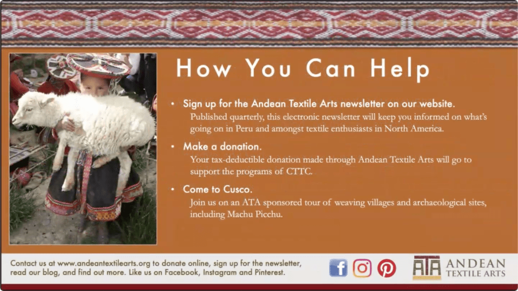 Text explaining how you can help The Center for Traditional Textiles in Cusco, Peru.