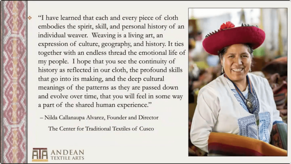 Text of a quote by Nilda Callanaupa Alvarez to the left of a photo of Ms. Alvarez, who us dressed ins traditional Peruvian garments,