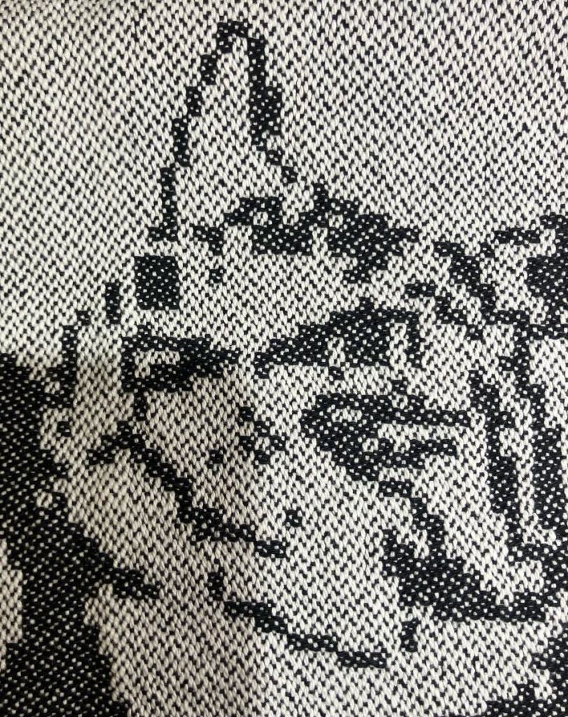 Towel detail, black and white Damask picture of a cat.