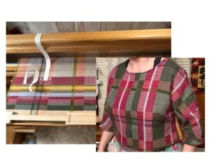 Two photos, one of cloth being woven on a loom and the other of a person wearing the cloth after it was sewn into a blouse/top. Colors are dark red, dark green, pale blue, and yellow.