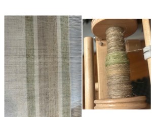 Linen fabric on a loom, woven in shades of cream, tan, light brown, and green.