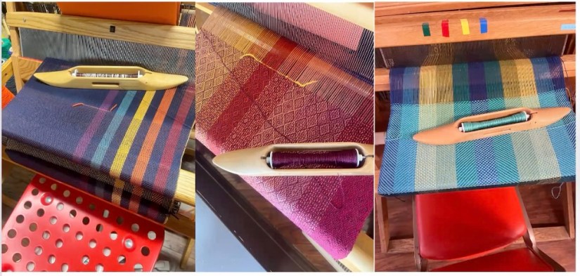 Three views of weaving projects in process.