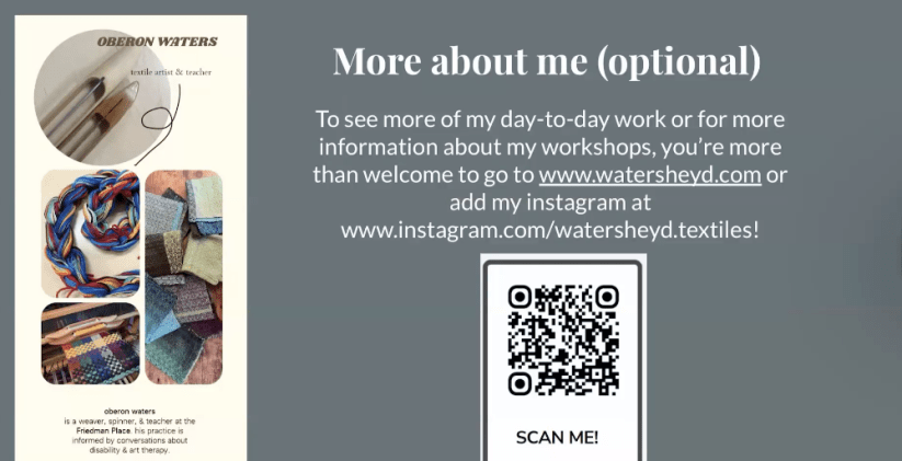 Information about how to view work by Oberon Waters with a scannable Qr code for more information.