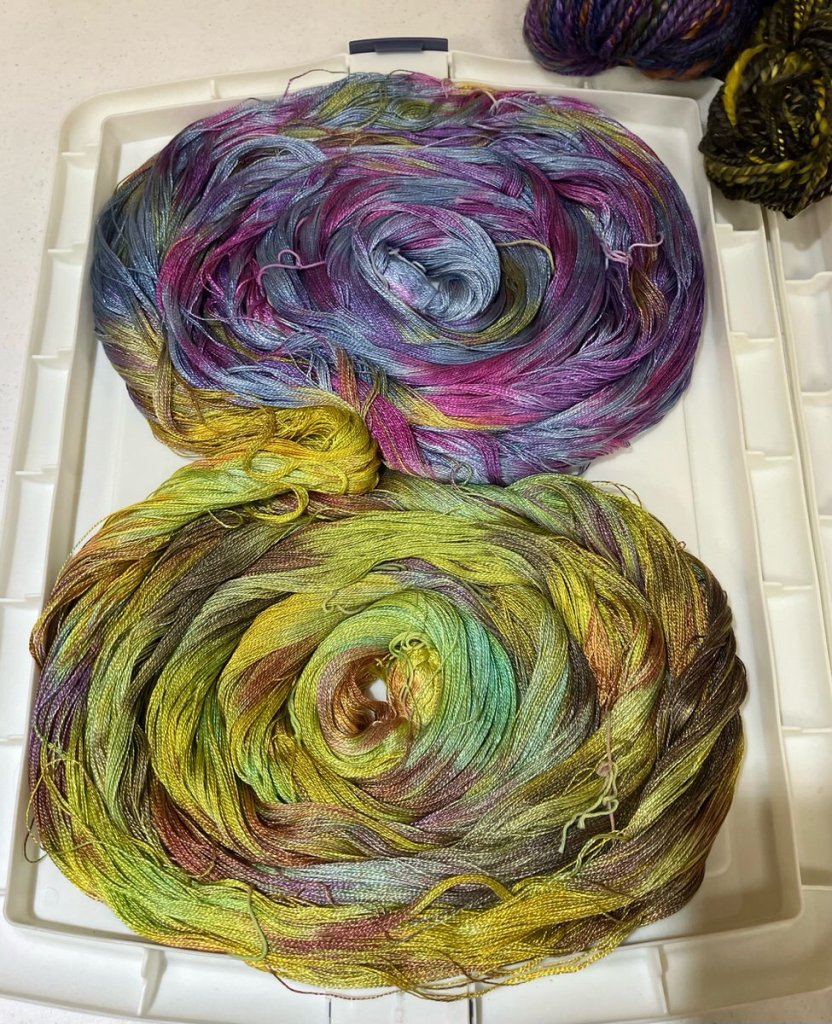 Painted warp using a blue and purple and an olive green and brown coloring.