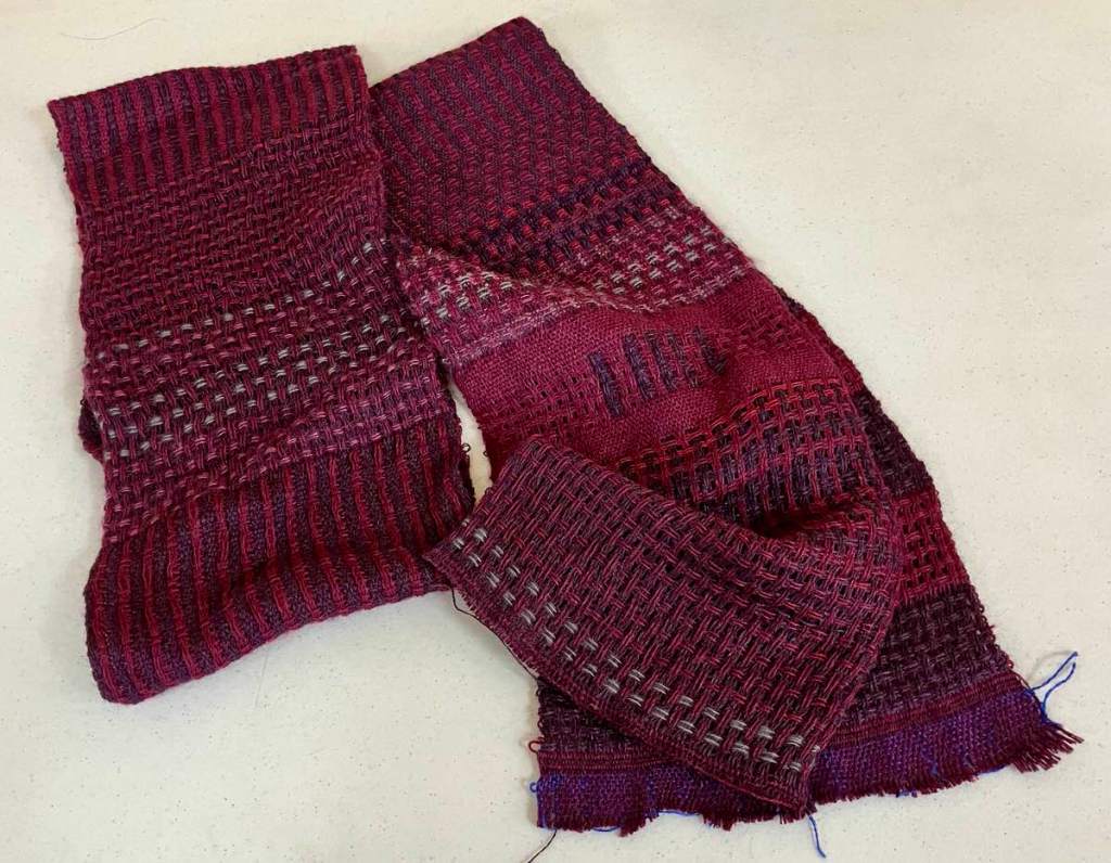 Stojana K. - Cowl and sampler using maroon, blue, and gray.