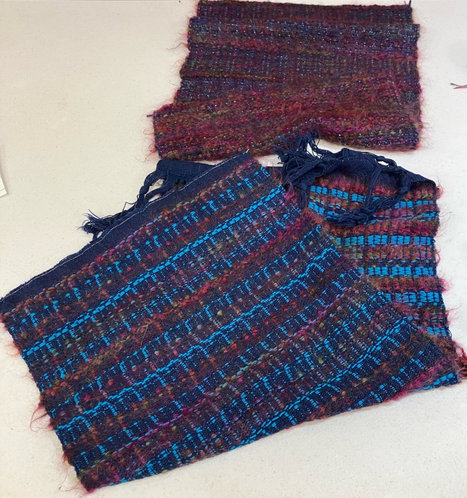 Overshot samples, one in blue and the other in warm colors.