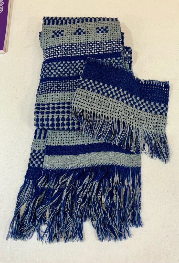 Diane W. - Gray and bright blue double huck scarf.